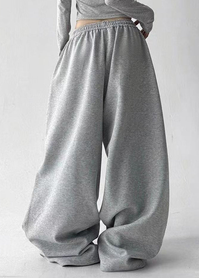 New Grey Pockets Drawstring Elastic Waist Patchwork Cotton Pants Fall