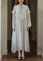 New Grey Ruffled Lace Up Patchwork Cotton Dress Fall