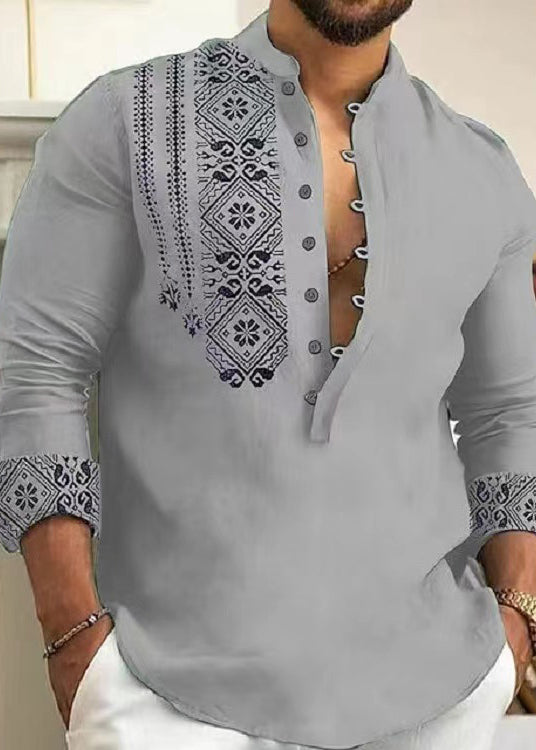 New Grey Stand Collar Print Cotton Men&