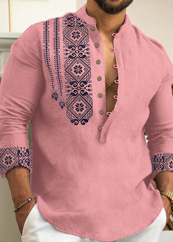 New Grey Stand Collar Print Cotton Men&