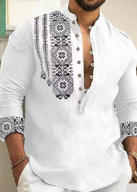 New Grey Stand Collar Print Cotton Men&