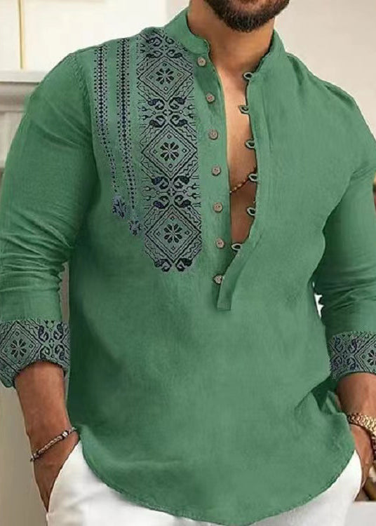 New Grey Stand Collar Print Cotton Men&