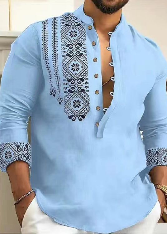 New Grey Stand Collar Print Cotton Men&