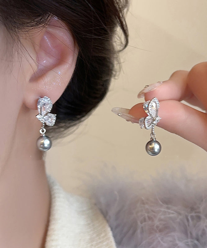New Grey Sterling Silver Zircon Pearl Drop Earrings