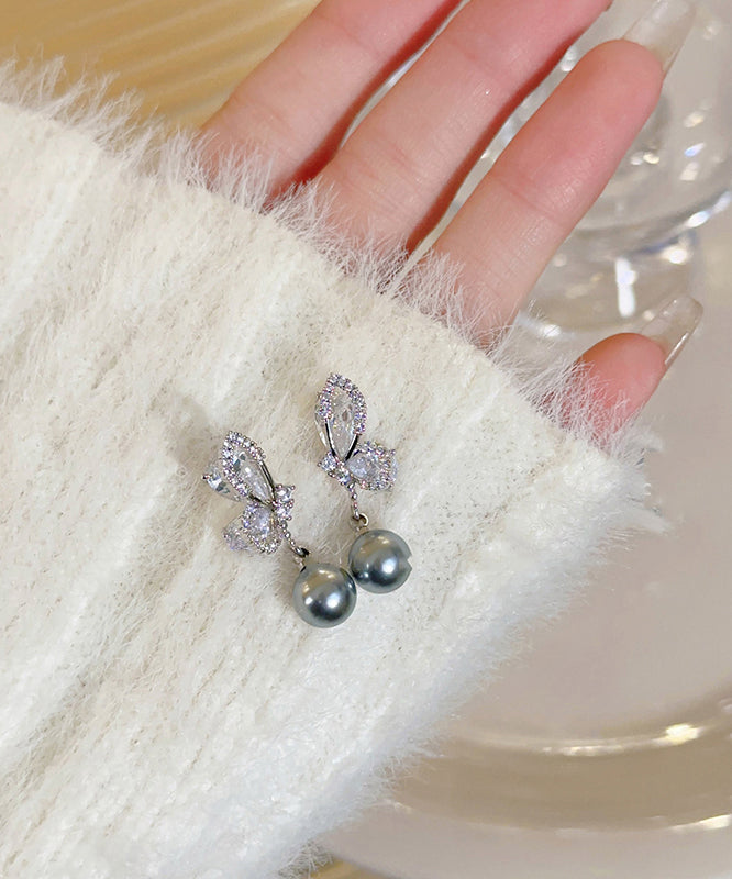 New Grey Sterling Silver Zircon Pearl Drop Earrings