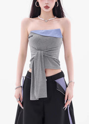 New Grey Strapless Lace Up Patchwork Cotton Top Sleeveless