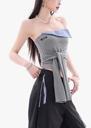 New Grey Strapless Lace Up Patchwork Cotton Top Sleeveless