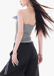 New Grey Strapless Lace Up Patchwork Cotton Top Sleeveless