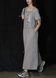 New Grey U Neck Drawstring Pockets Long Dress Summer