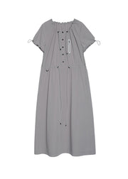 New Grey U Neck Drawstring Pockets Long Dress Summer