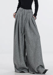 New Grey Zippered Button High Waist Woolen Wide Leg Pants