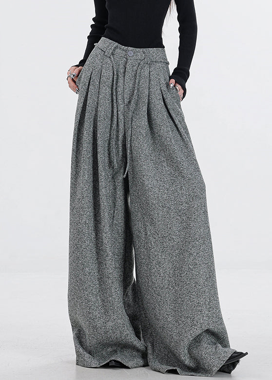 New Grey Zippered Button High Waist Woolen Wide Leg Pants