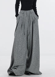 New Grey Zippered Button High Waist Woolen Wide Leg Pants