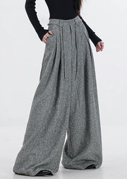 New Grey Zippered Button High Waist Woolen Wide Leg Pants