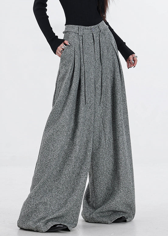 New Grey Zippered Button High Waist Woolen Wide Leg Pants