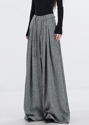 New Grey Zippered Button High Waist Woolen Wide Leg Pants
