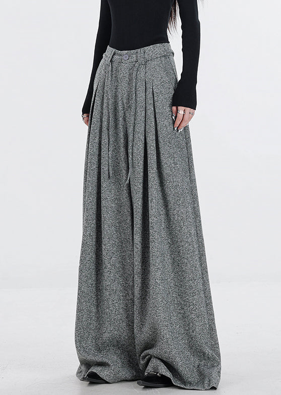 New Grey Zippered Button High Waist Woolen Wide Leg Pants