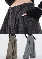 New Grey Zippered Button High Waist Woolen Wide Leg Pants