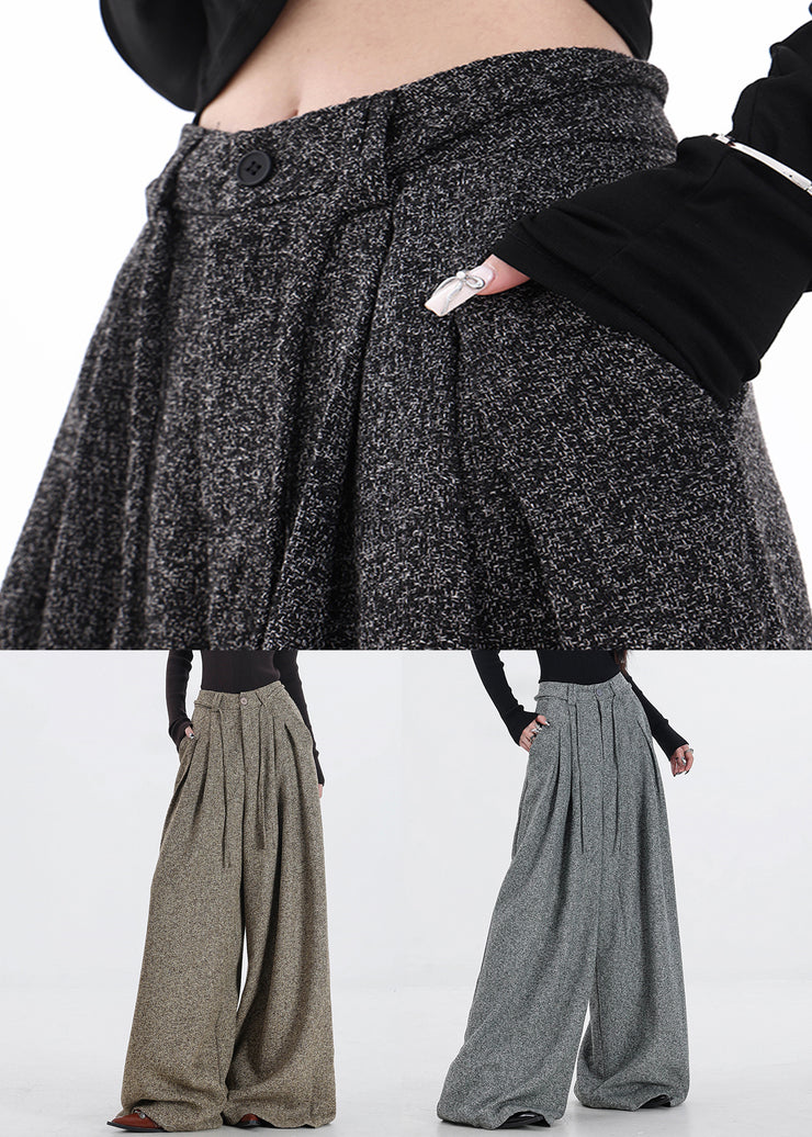 New Grey Zippered Button High Waist Woolen Wide Leg Pants