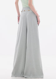 New Grey Zippered Cotton Wide Leg Pants High Waist