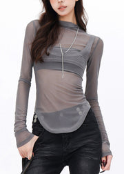 New Hot Grey High Neck Tulle Two Pieces Set T Shirt Fall