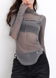 New Hot Grey High Neck Tulle Two Pieces Set T Shirt Fall