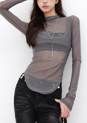 New Hot Grey High Neck Tulle Two Pieces Set T Shirt Fall