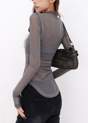 New Hot Grey High Neck Tulle Two Pieces Set T Shirt Fall