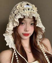 New Japanese Style Beige Sweet Pearl Hollow Flower Knitted Hat