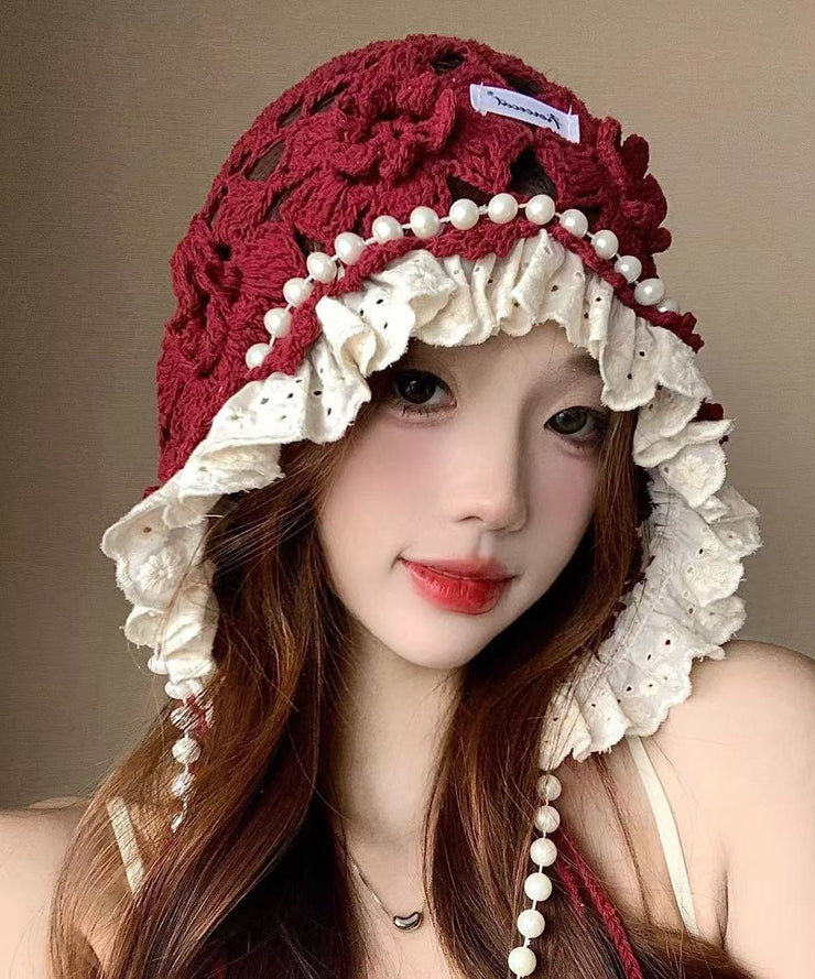 New Japanese Style Beige Sweet Pearl Hollow Flower Knitted Hat