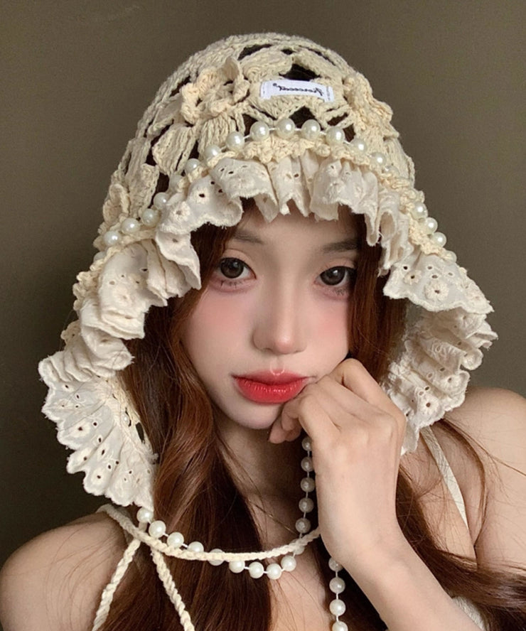 New Japanese Style Beige Sweet Pearl Hollow Flower Knitted Hat