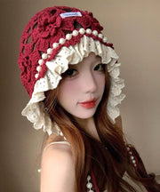 New Japanese Style Beige Sweet Pearl Hollow Flower Knitted Hat