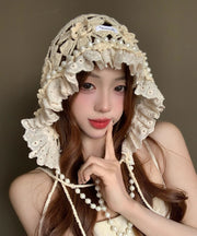 New Japanese Style Beige Sweet Pearl Hollow Flower Knitted Hat