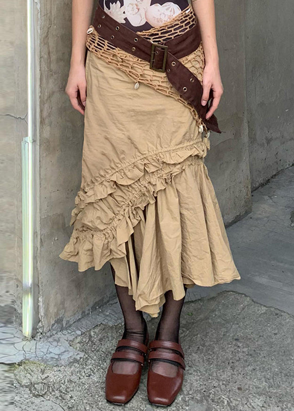 New Khaki Asymmetrical Ruffled Cotton Skirt Summer