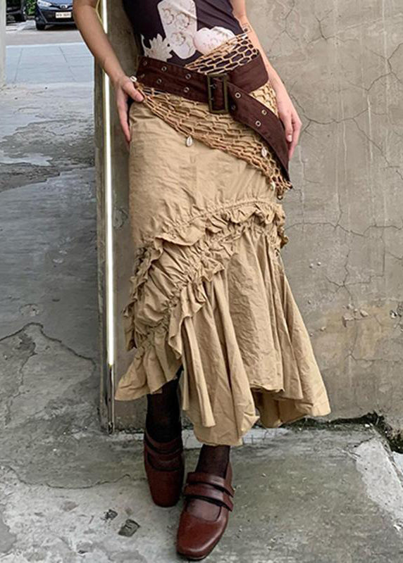 New Khaki Asymmetrical Ruffled Cotton Skirt Summer