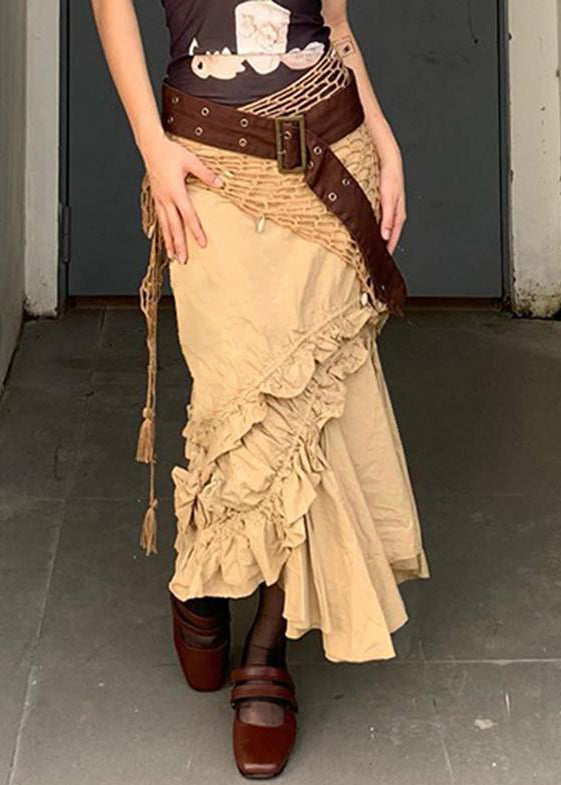 New Khaki Asymmetrical Ruffled Cotton Skirt Summer