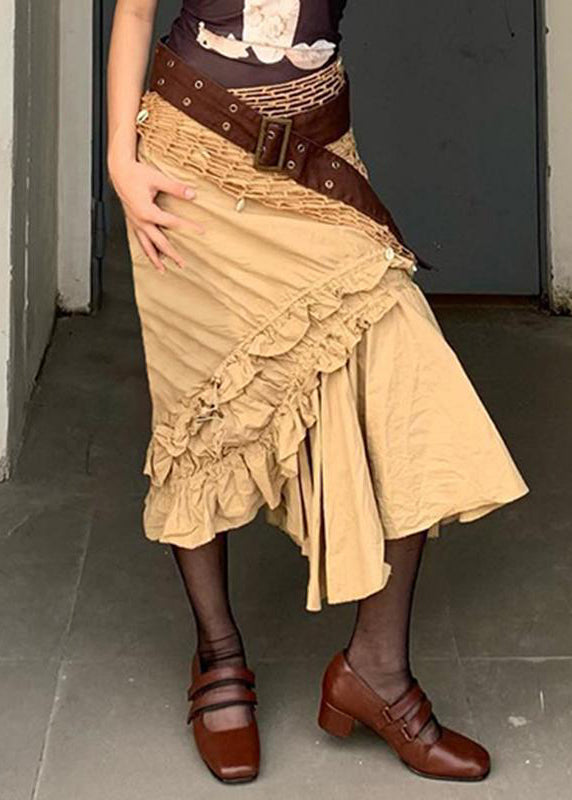 New Khaki Asymmetrical Ruffled Cotton Skirt Summer