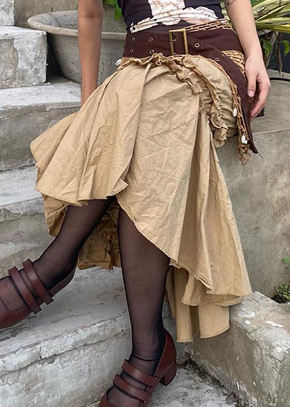 New Khaki Asymmetrical Ruffled Cotton Skirt Summer