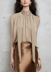 New Khaki Bow Wrinkled Silk Shirt Sleeveless