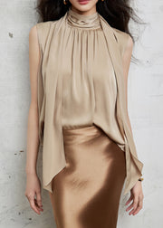 New Khaki Bow Wrinkled Silk Shirt Sleeveless