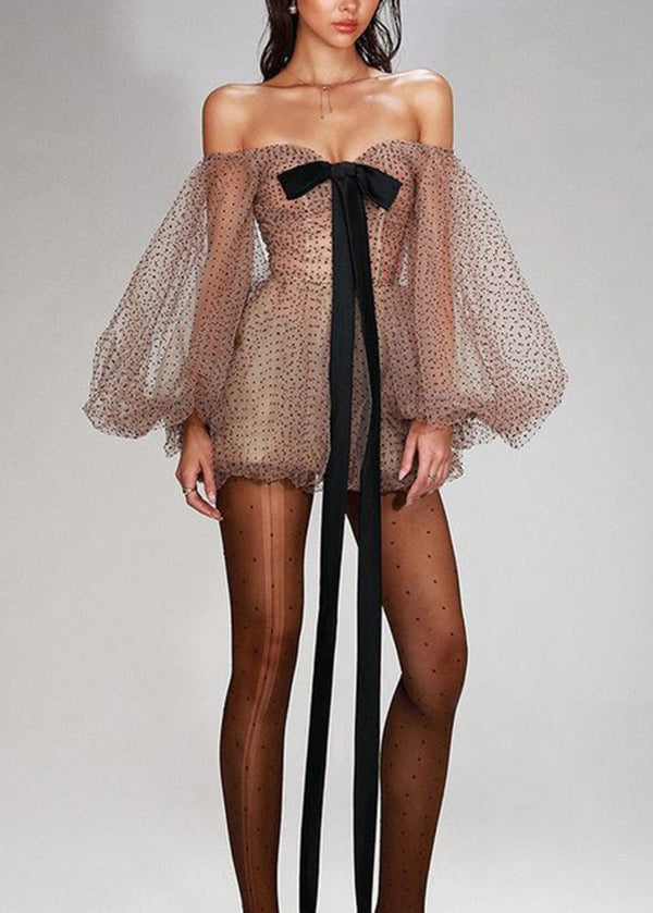 New Khaki Dot Cold Shoulder Tulle Mini Dresses Lantern Sleeve