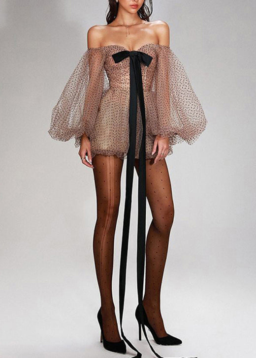 New Khaki Dot Cold Shoulder Tulle Mini Dresses Lantern Sleeve