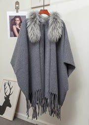 New Khaki Fur Collar Tasseled Patchwork Knit Cape Cardigan Winter