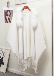 New Khaki Fur Collar Tasseled Patchwork Knit Cape Cardigan Winter