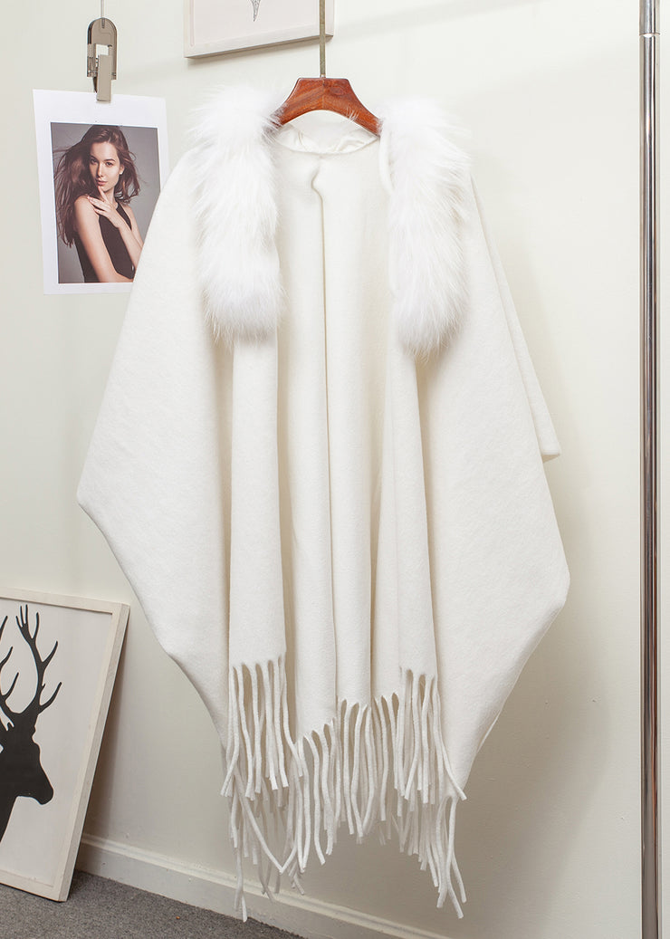 New Khaki Fur Collar Tasseled Patchwork Knit Cape Cardigan Winter