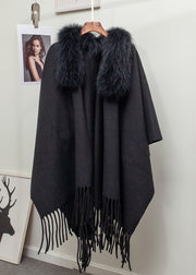 New Khaki Fur Collar Tasseled Patchwork Knit Cape Cardigan Winter