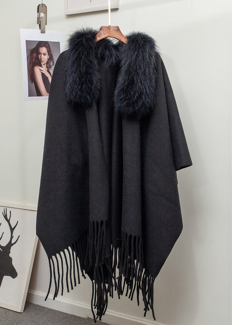 New Khaki Fur Collar Tasseled Patchwork Knit Cape Cardigan Winter