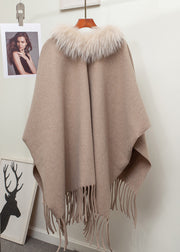 New Khaki Fur Collar Tasseled Patchwork Knit Cape Cardigan Winter