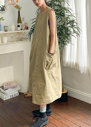 New Khaki O Neck Pockets Cotton Long Dress Sleeveless