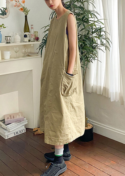 New Khaki O Neck Pockets Cotton Long Dress Sleeveless
